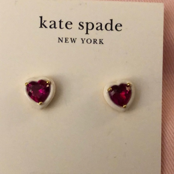 Kate Spade Sweetheart Heart Shaped Stud Earrings White Frame Red CZ Accent NWT - Picture 5 of 14